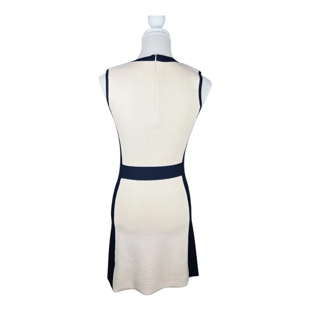 Tory Burch Cream Navy Colorblock Knit Dress Medallion Buttons Sleeveless S